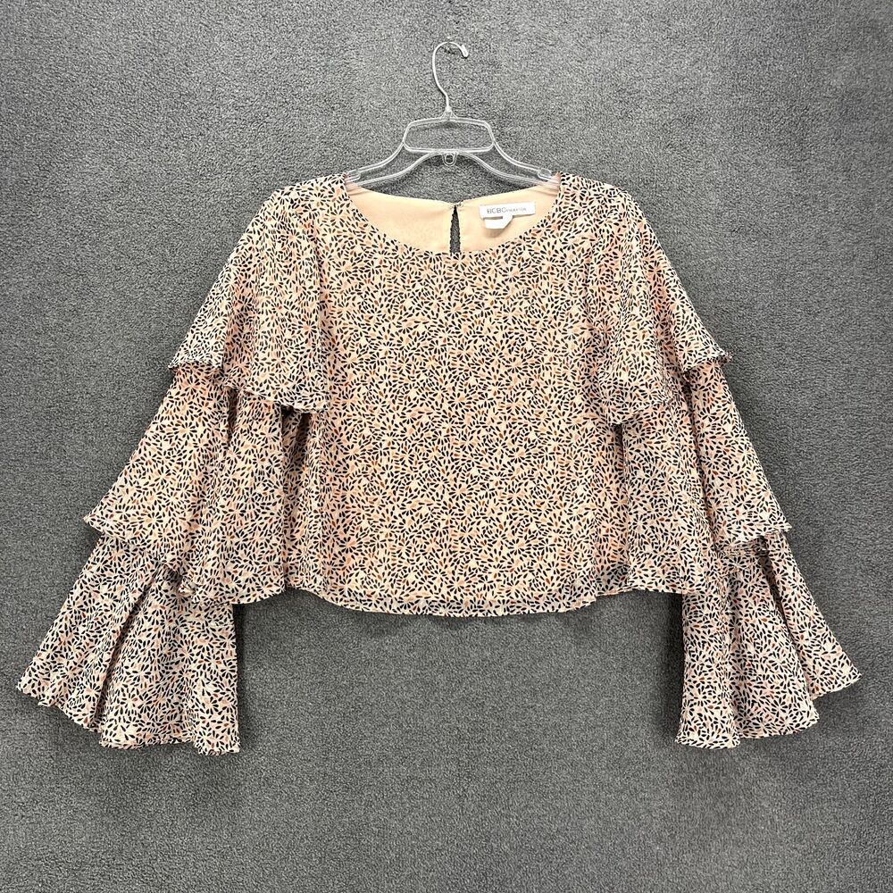 BCBGeneration Top Womans XS Pink Floral Bell layered Long Sleeve metallic Thread